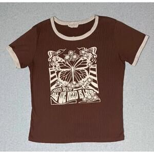 Moonchild Short Sleeve Shirt Womens Size Large Brown Butterfly Slightly Cropped